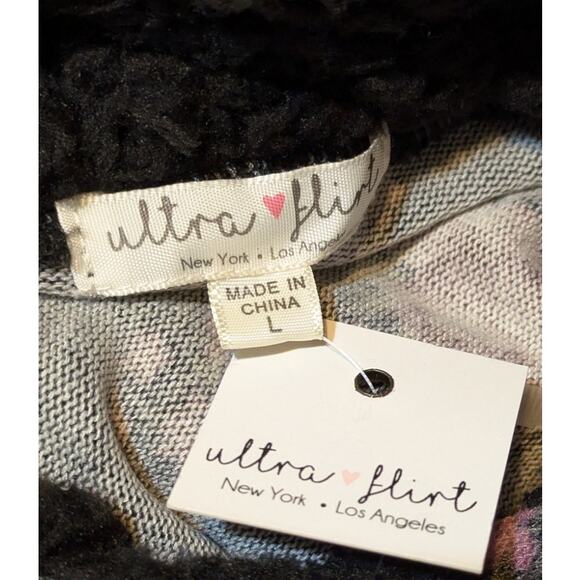 Ultra Flirt Large Gray Lightweight Sherpa Lined Hoodie Pink Floral Tunic To, L - Picture 6 of 9
